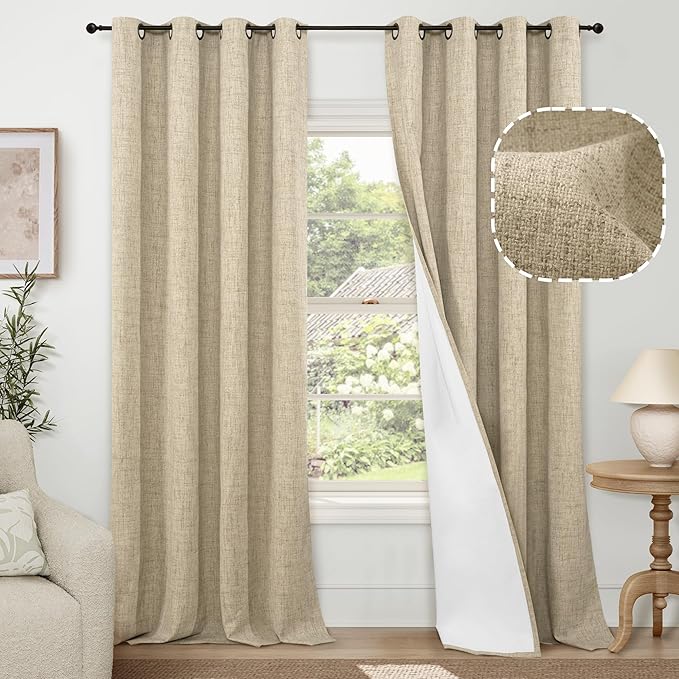 100% Blackout Curtains 95 Inches Long for Living Room 2 Panels Set, Faux Linen Textured Floor Length 95 Inch Thermal Insulated Bronze Grommet Boho Window Drapes, Each 52" Wide, Burlap