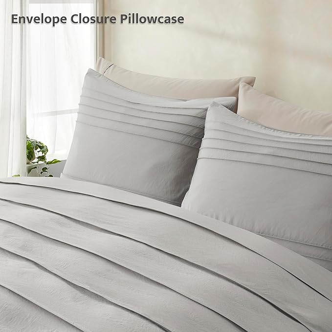 Oli Anderson Light Grey Duvet Cover Size - Pleated Queen Duvet Cover, 3PCS Soft and Breathable Textured Bedding Set with Zipper Closure(Light Grey,90"x90")