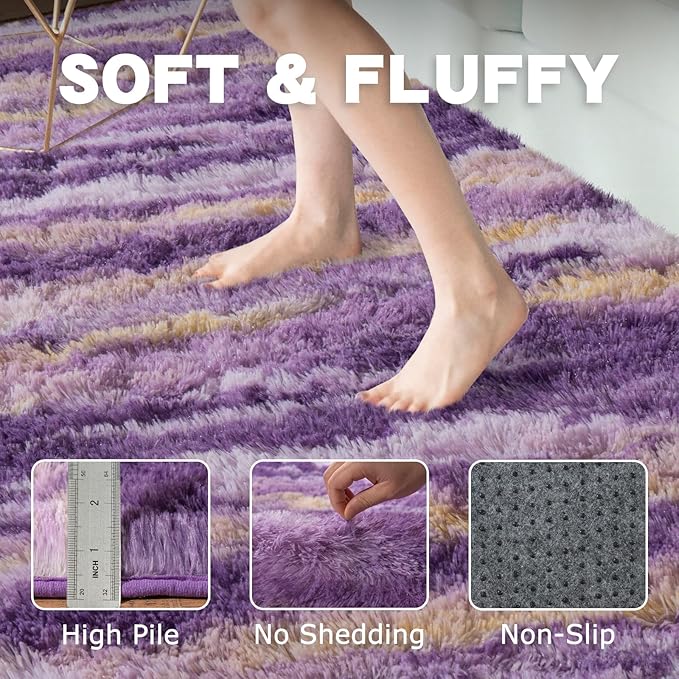 Fluffy Rugs for Living Room Bedroom, 4x6 Feet Abstract Purple Shag Area Rug, Non-Slip Indoor Modern Fuzzy Plush Floor Carpet for Dorm Nursery Kids Room Decor, Soft Shaggy Throw Rug
