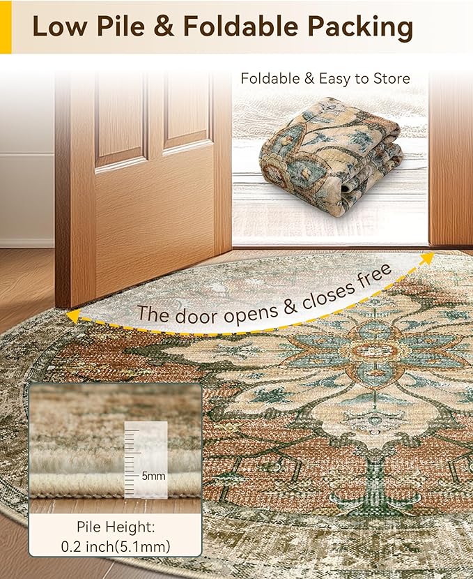 Area Rugs 4ft Washable Non-Slip, Floral Vintage Distress Print Pattern Medallion Carpet for Living Room Bedroom Dining Room, Brick Red Rust Neutral Brown Burnt Orange
