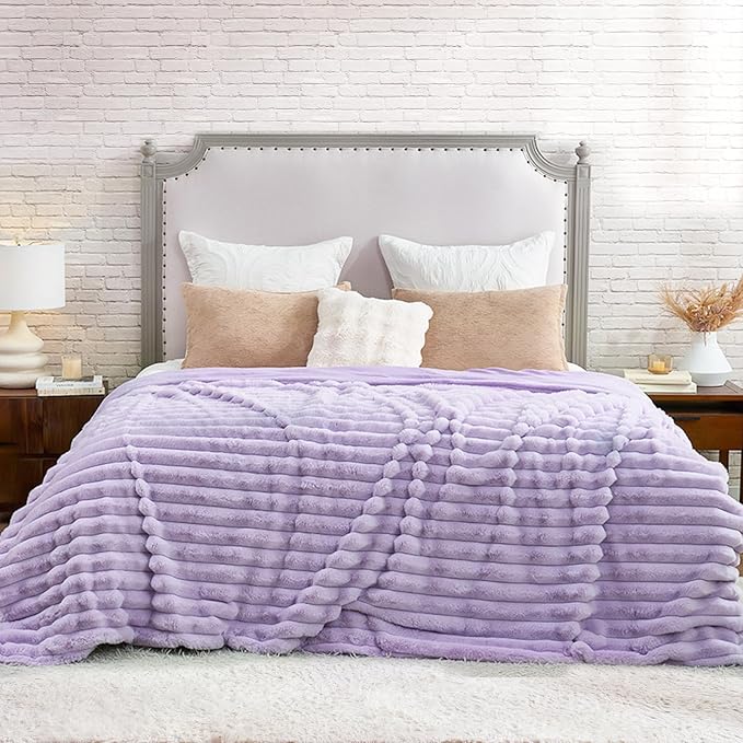 Cozy Bliss Faux Fur Throw Blanket for Couch, Cozy Warm Plush Striped Blanket for Sofa Bedroom Living Room, 90 * 90 Inches Lavender
