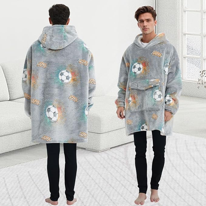 Glow in The Dark Football Wearable Blanket Hoodie for Adult,Oversized Sherpa Fleece Blanket Hoodie for Women Men,Football