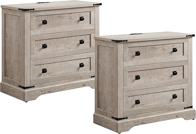 T4TREAM 32" Farmhouse Nightstand with Charging Station Set of 2, Large End Table with 3 Storage Drawers, Rustic Wood Bedside Table for Bedroom, Living Room, Light Rustic Oak