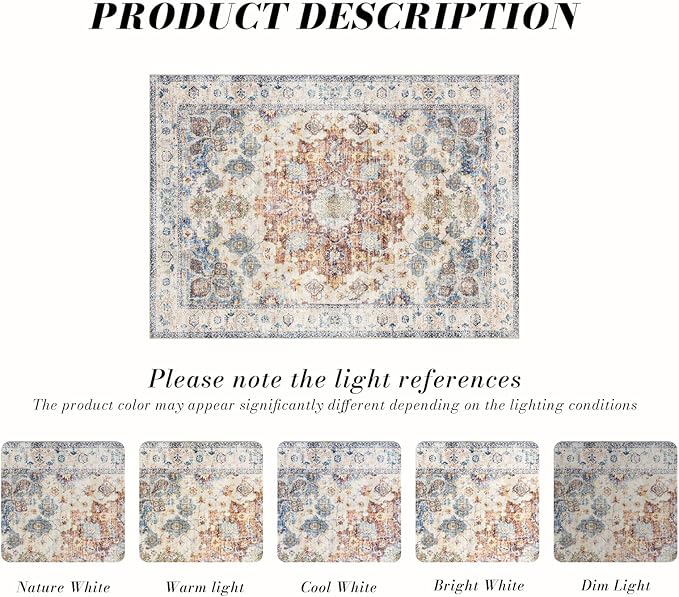 Area Rug 5×7, Vintage Boho Rug,Ultra-Soft Low Pile, Washable, Non Slip,Stain Resistant Printed Carpet for Living Room Bedrooms Playroom Office Kitchen, Blue/Red