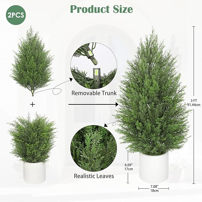 Briful 2PCS 3ft Artificial Cedar Topiary Trees in White Planter – Compact Faux Evergreen Potted Plants with Dense Realistic Layered Leaves, Lifelike Fake Cypress Trees for Home, Office, Patio, Porch