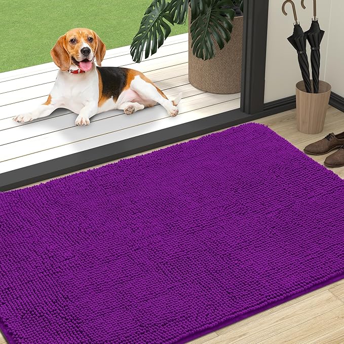 OLANLY Dog Door Mat for Muddy Paws 47x32, Absorbs Moisture and Dirt, Absorbent Non-Slip Washable Doormat, Quick Dry Chenille Mud Mat for Dogs, Entry Indoor Entryway Carpet for Inside Floor, Purple