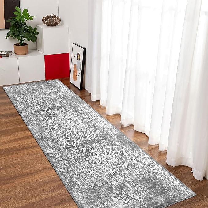 vivorug Grey Runner Rug 2x10 Machine Washable Rug with Non-Slip Backing, Ideal for Kitchen Hallway Entryway Laundry Room - Vintage, Durable, Easy Clean, Low Pile Carpet Runner