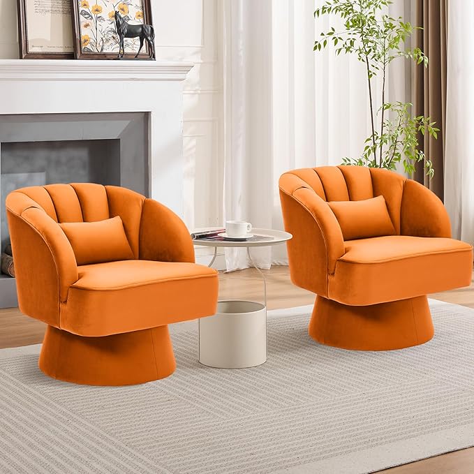 GarveeHome Modern Swivel Barrel Accent Chair, 360° Velvet Upholstered Armchair with Striped Backrest & Plush Padding, Comfy Round Lounge Chair (2, Orange + Velvet)