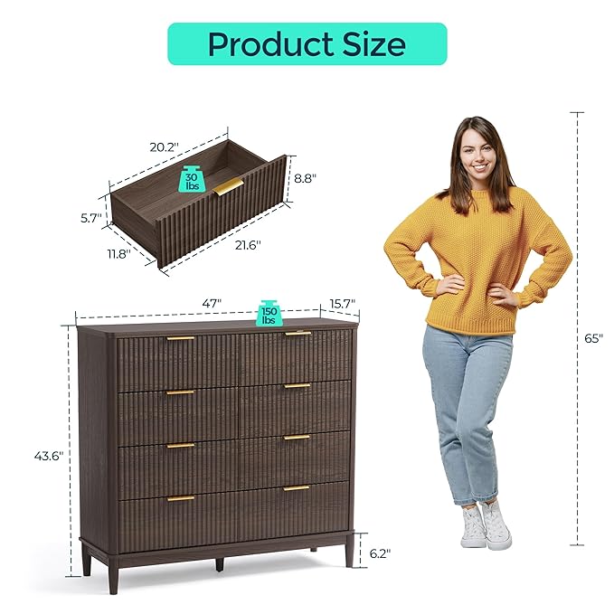 LINSY Fluted Dresser for Bedroom with 8 Drawers, Mid Century Modern Chest of Drawers with Gold Metal Handles, Wide Boho Wood Dressers, Large Farmhouse Storage Cabinet for Bedroom, Living Room, Walnut