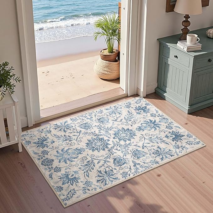 jinchan Torino 2x3 Washable Rugs for Entryway, Vintage-Inspired Floral Design Non-Slip Low-Pile Doormat, Ultra-Thin Indoor Traditional Accent Carpet for Entrance Kitchen Bathroom Bedroom, Dark Blue