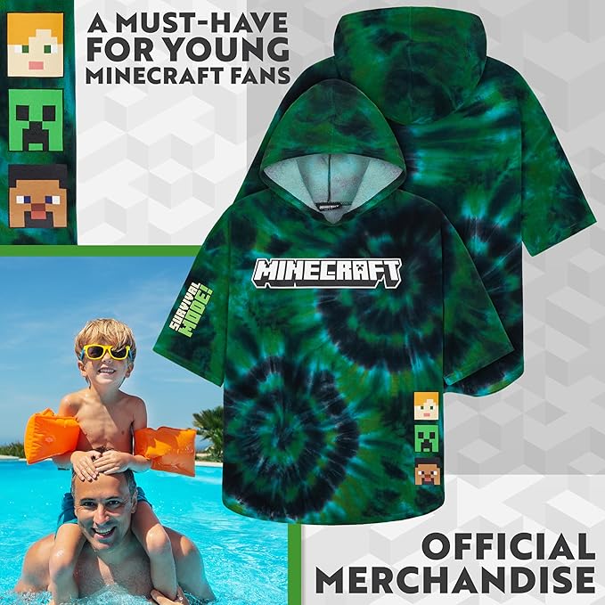 Minecraft Towelling Poncho Kids Teens Hooded Bath Towels Absorbent Beach Towel (Multi Tie Dye, 10-13 Years)