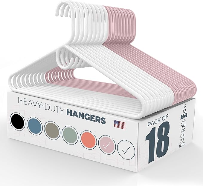 Neaties Heavy Duty Clothes Hangers 18 Pack – Made in The USA – 8lb Capacity Plastic Hangers for Adult Clothing – Durable for Pants, Coats, Jackets, or Jeans – White & Pink