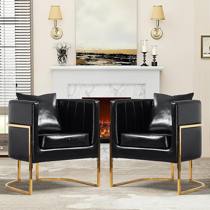 Modern Leather Accent Chairs Set of 2, Mid Century Upholstered Barrel Armchair with Pillow for Living Room, Comfy Single Vanity Chair with Metal Gold Legs for Bedroom, Black