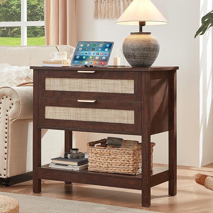 LEYAOYAO 31.5" Wide Rattan Night Stand, Large Boho Nightstand, Bedside Table with Storage, Tall Bed Side End Tables, Chest of Drawers for Bedroom, Living Room, Hallway（Walnut,2 Drawers with Charger,2）