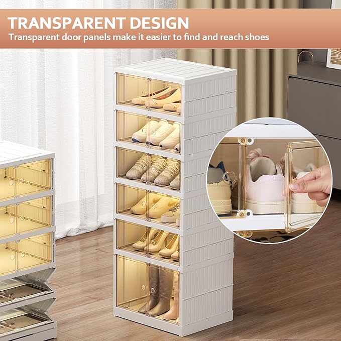 Foldable Shoe Rack Organize 6 Tier Plastic Shoe Shelf, 12 Pairs Collapsible Shoes Storage Bins, Large Folding Shoe Boxes for Closet with Doors, Stackable Storage Shoe Cabinet