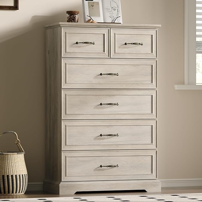 Farmhouse 6 Drawers Dresser for Bedroom, 49" Tall Modern Chest of Drawers with Deep Drawers & Bar Handles, Rustic Wood Dresser TV Stand, Wooden Closet Storage Organizer for Living Room, Hallway, Grey