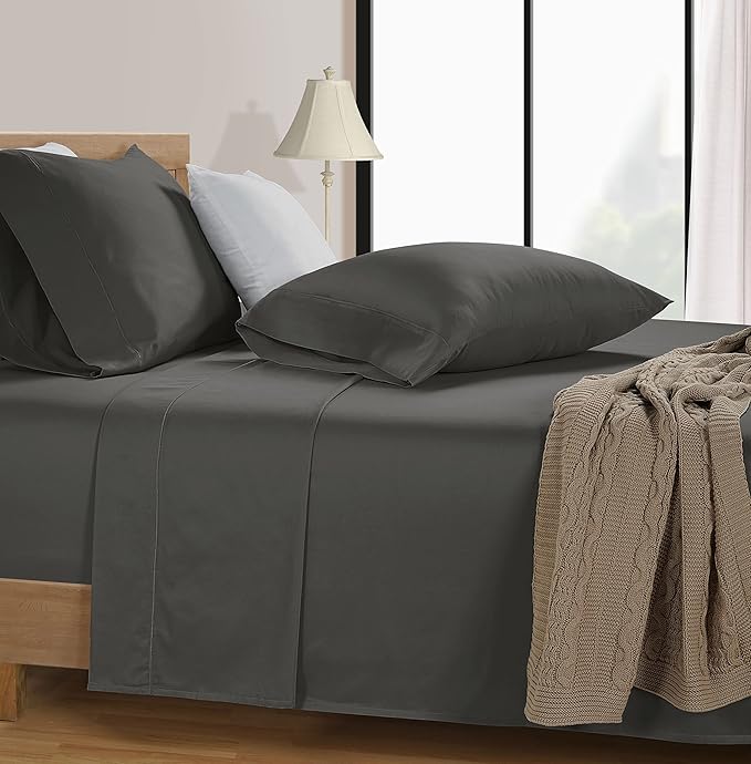 LANE LINEN 600 Thread Count 100% Mercerized Cotton Machine Wash Full Size Bed Sheets Set, Fully Elasticized Fitted Sheet, European Closure Pillow Cases, Z Hem Top Sheet, Soft & Comfy Sheets - Charcoal