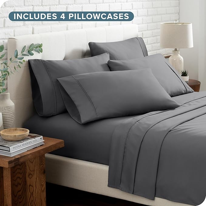 Bare Home Hotel Luxury Split Head Flex King Sheet Set, Extra Soft, Deep Pockets, Easy Fit, Cooling & Breathable, Wrinkle, Fade, Stain Resistant, with 4 Pillowcases (Split Head Flex King, Grey)