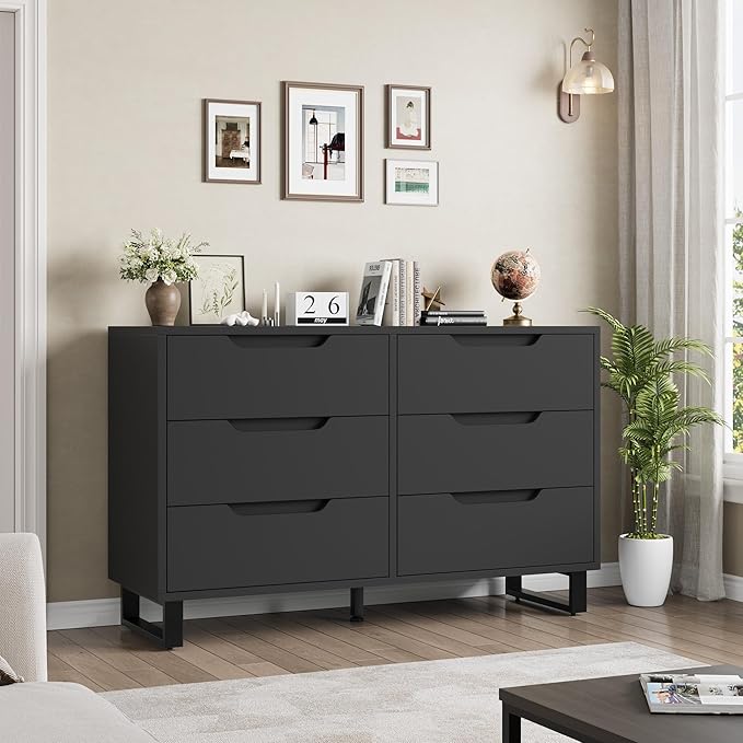 GarveeHome 6 Dresser for Bedroom, 47.2 in Wide Dresser, Freestanding Vertical Drawer Cabinet with Storage, Wooden Closet Storage Chest for Living Room, Hallway, Entryway, Black