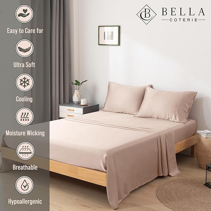 Bella Coterie Luxury Bamboo Viscose Queen Size Sheet Set | 100% Organically Grown | Ultra Soft | Cooling for Hot Sleepers | 18" Deep Pocket [Dusty Rose]