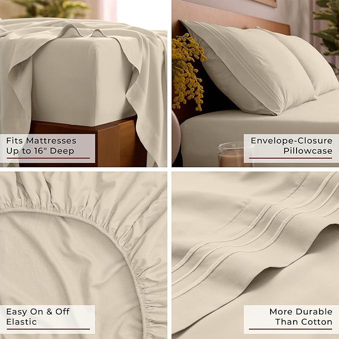 Mellanni Full Sheet Set - 6-Piece Iconic Collection Bedding, (Including 4 Pillowcases), 16-Inch Deep Pocket, Easy Care, Extra Soft, Cooling Sheets, Brushed Microfiber - Beige