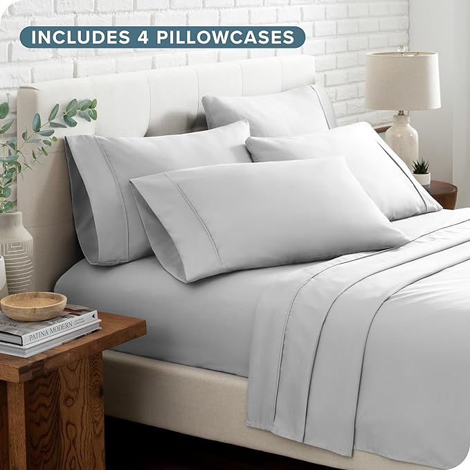 Bare Home Hotel Luxury Queen Sheet Set, Extra Soft - 6 Piece Set - Deep Pockets - Easy Fit - Cooling & Breathable - Wrinkle, Fade, Stain Resistant - Includes 4 Pillowcases (Queen, Cloud Grey)