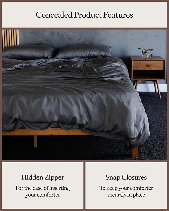 Cozy Earth Luxury Duvet Cover Twin - 100% Viscose from Bamboo - Ultra-Soft, Cooling & Lightweight Duvet Cover - Temperature-Regulating Bedding with Concealed Zip & Interior Snap Closures - Charcoal
