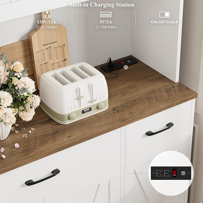 HOSTACK 71" Tall Pantry Cabinet with Charging Station, 55" Wide Kitchen Pantry Storage Cabinet with Countertop, Large Kitchen Hutch with Storage Drawers and Doors for Dining Room, Living Room, White