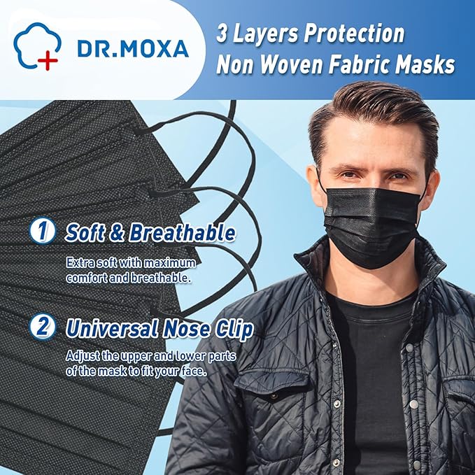 100 Pack Medical Grade Black Disposable Face Masks-Protective 3 Ply Face Mask for Adults, Comfortable,Soft, Breathable
