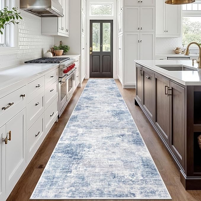 IOHOUZE Abstract Runner Rug 3x18 Ft Washable Runners for Hallways, Non Slip Kitchen Runner Printed Faux Wool Entryway Runner Indoor, Modern Abstract Floor Carpet for Hall Stair, Light Blue White