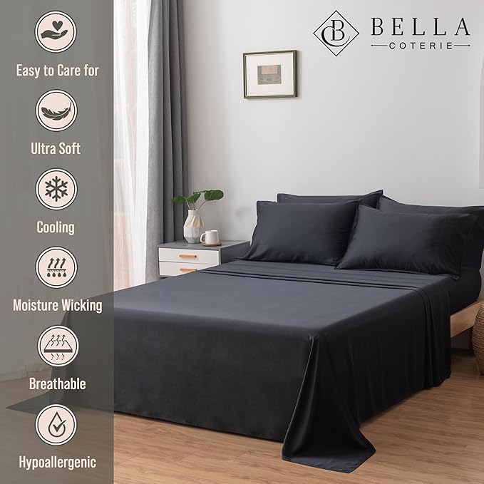 Bella Coterie 6 Piece Luxury Bamboo Viscose King Size Sheet Set | 100% Organically Grown | Cooling for Hot Sleepers | 18" Deep Pocket | Soft & Hypoallergenic | 4 Pillowcases [Black]