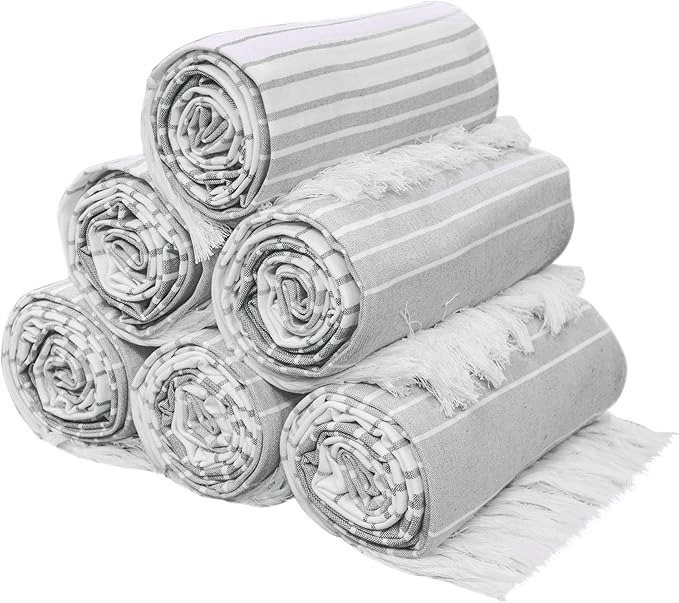 Native Fab Grey Stripe Beach Towels Set - 6 Pack - 40 x 71 Inches - 100% Cotton Quick Dry Lightweight - Extra Large Peshtemal Turkish Towel for Adults, Travel, Bath, Spa, Pool, Summer - Gray