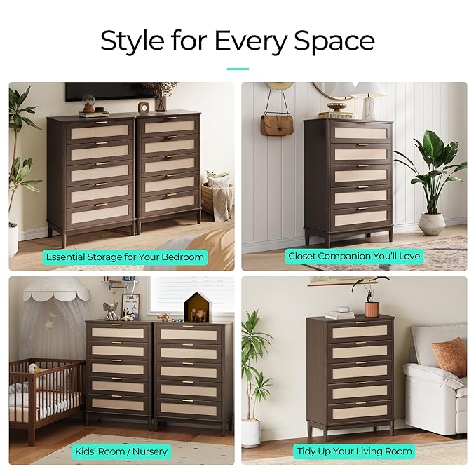 LINSY HOME Rattan Dresser for Bedroom with 5 Drawers, 46" Tall Chest of Drawers, Mid Century Modern Dresser TV Stand with Metal Handle, Wood Closet Storage Cabinet for Living Room, Hallway, Walnut