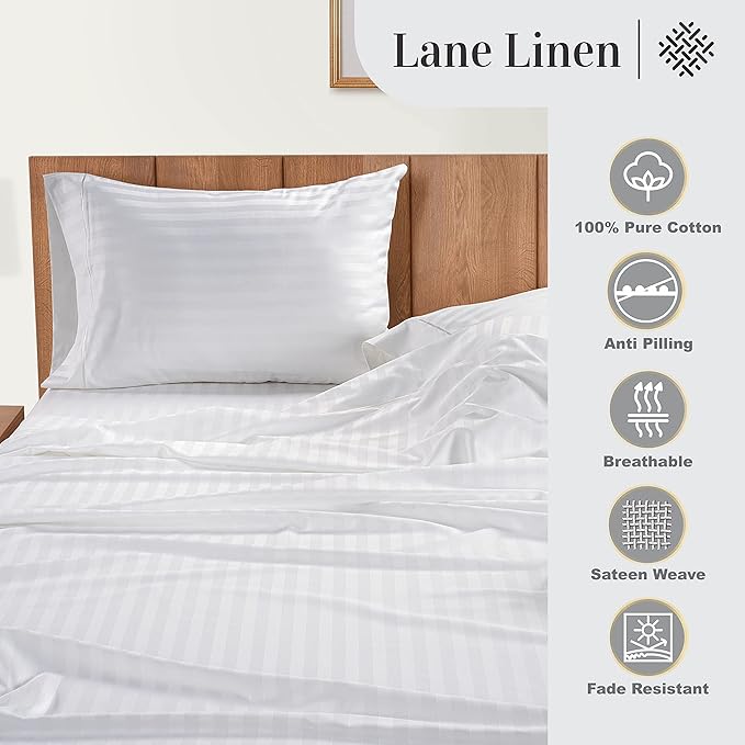 Lane Linen White Queen Sheet Set - 100% Cotton Striped Sheets for Queen Size Bed, Satin Soft Luxury Striped Sheets Queen Size, Deep Pocket Fitted Sheets - 4 PC Bedding Sheets & Pillowcases Set - White