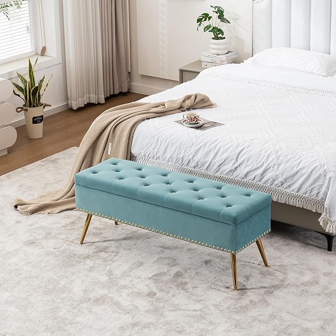 Velvet Storage Bench with Gold Legs& Nailhead Trim, 46" Wide Upholstered Modern Bedroom Bench for End of Bed, Tufted Ottoman for Entryway Living Room Dining Room (Sage Green, 46" Wide)