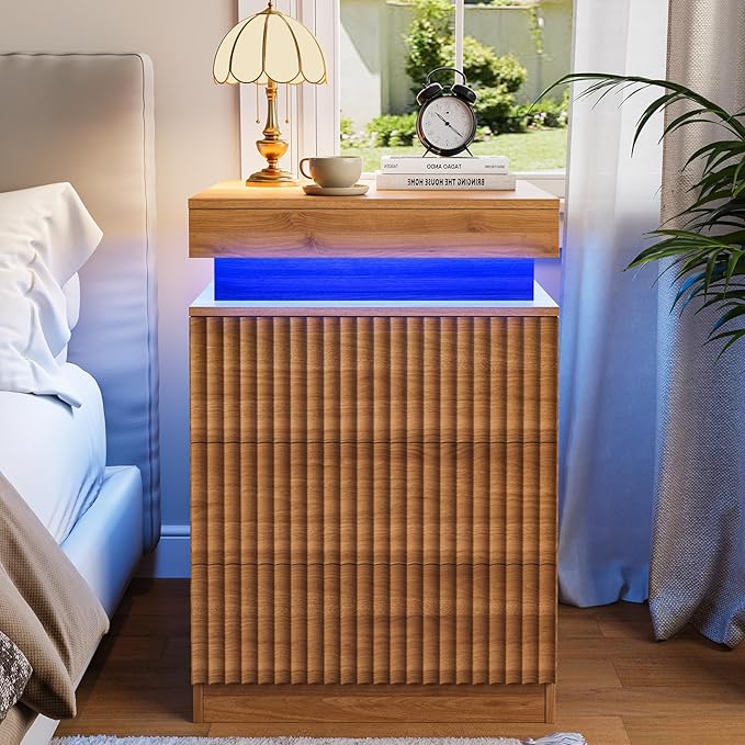 Nightstands Set of 2 with Charging Station & LED Lights, Modern Small Fluted Bedside & End Tables with 3 Drawers, Sliding Top & Hidden Storage, Wooden Farmhouse Night Stand for Bedroom Office,Walnut