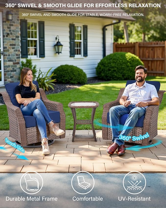 Belord 6-inch Thick Cushion Patio Furniture Set - Outdoor Swivel Rocker Glider Chairs Set of 4 with Glass Top Side Table, All-Weather Wicker Patio Conversation Set for Deck Balcony Sunroom