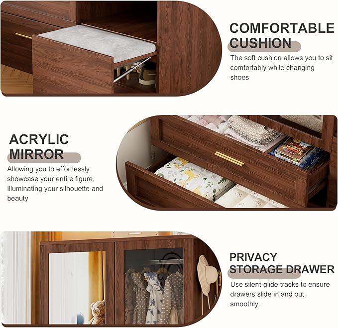 PAKASEPT 2 Doors Armoire Wardrobe Closet with Mirror,71'' Tall Freestanding Wooden Wardrobe Closet Farmhouse Storage Cabinet for Bedroom with Hanging Rod,Clothes Hook,Drawers,Hidden Bench,Retro Brown