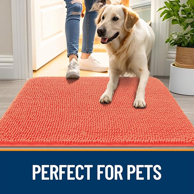 OLANLY Dog Door Mat for Muddy Paws 30x20, Absorbs Moisture and Dirt, Absorbent Non-Slip Washable Doormat, Quick Dry Chenille Mud Mat for Dogs, Entry Indoor Entryway Carpet for Inside Floor, Coral