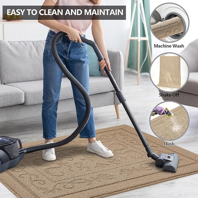 FONEYI Indoor Door Mat, Front Back Door Mat 36" x 59" Non-Slip Rubber Backing Door Rug, Machine Washable Entry Rug, Low Profile Absorbent Dirt Trapper Doormat Inside Floor Mats for Entryway, Beige