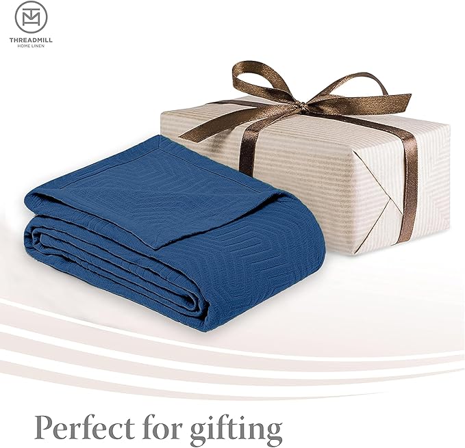 Threadmill Luxury Cotton Blankets for King Size Bed | All-Season Cozy 100% Cotton King Size Blanket | Aster Soft & Lightweight Coverlet fits California King Size Bed, 104x92 | Folkstone Blue