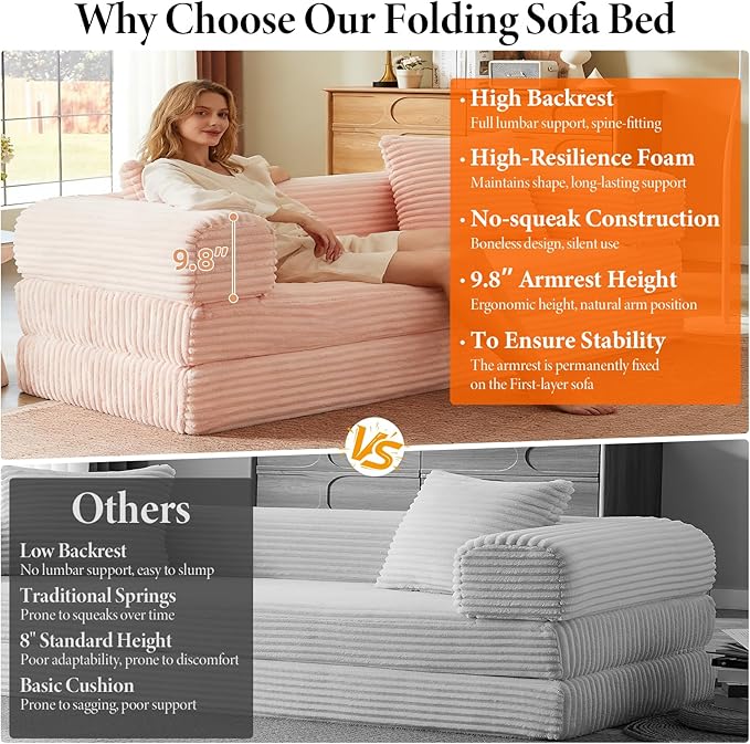 Convertible Futon Sofa Bed, Fold Out Floor Sofa Couch with Sleeper Sofa,Folding Boneless Couches with Deep Seat,Cloud Corduroy Foldable Mattress Couch for Living Room (Pink)