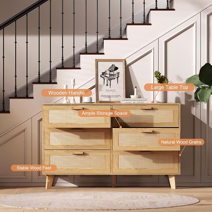 Wide Rattan Dresser, 6 Drawer Dressers Bedroom Furniture Large Storage Tower Unit, Dresser for Bedroom, Closet,Hallway, Walnut