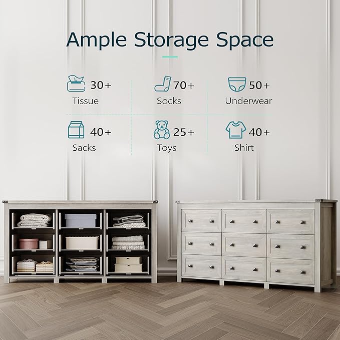 Dresser for Bedroom with 9 Drawers, Farmhouse Wood Chest of Drawers, Wide TV Stand Closet Storage Furniture with Metal Handle, Modern Clothes Organizer for Hallway, Living Room, Entryway, Light Grey