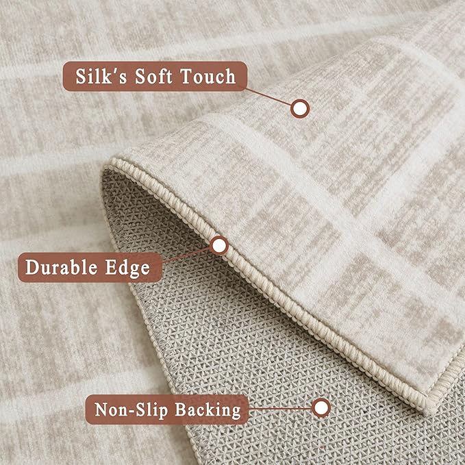 5x7 Area Rugs - Ultra-Thin Washable Rug with Non-Slip Backing, Ideal for Living Room, Bedroom, Kitchen Floor Beige Carpet - Modern Neutral Style, Easy Clean, Durable, Low Pile Rug