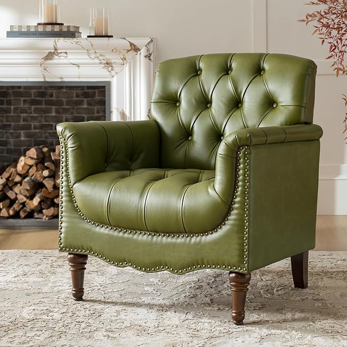 HULALA HOME Mid Century Modern Leather Club Chairs, Top-Grain Genuine Leather Armchairs with Button-Tufted Back & Solid Wood Legs, Accent Chairs for Living Room/Bedroom/Home Office, Olive