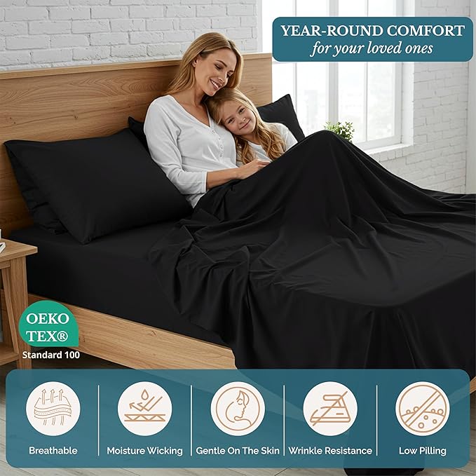 Casa Platino Twin XL Sheets, 3 Piece Set, Pre-Washed Ultra Soft & Breathable Bed Sheets Set, Brushed Microfiber Twin XL Bedding Sets, Twin XL Size Sheets with 15 inch Deep Pockets - Black