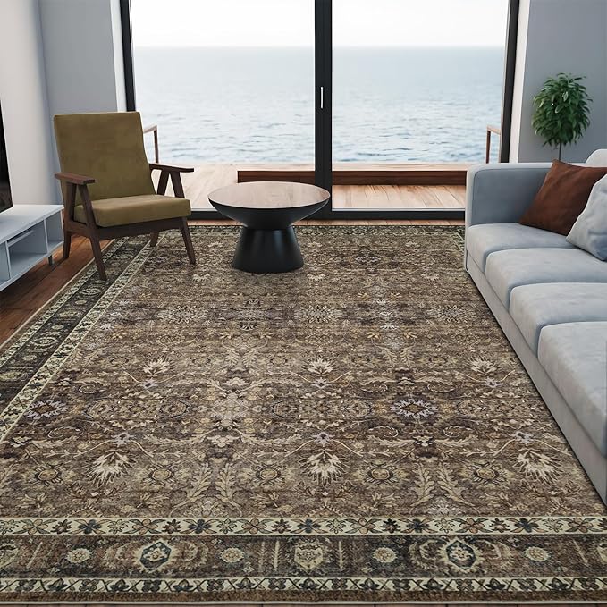 3x5 Vintage Washable Area Rug for Living Room,Low Pile Non Slip Carpet Non-Shedding Small Area Rug Soft Indoor Stain Resistant Rug Floral Print Mat for Bedroom Dining Room Brown Floral