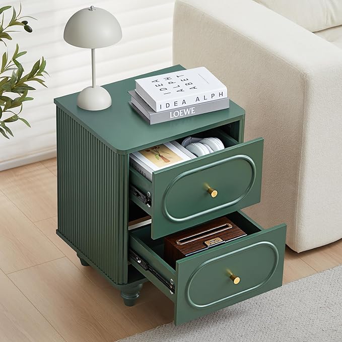 2 Drawer Fluted Mini Small Dresser for Bedroom Set of 2, Mid Century Modern Nightstand Bedside End Table, Wood Storage Dresser Organizer for Bedroom, Green