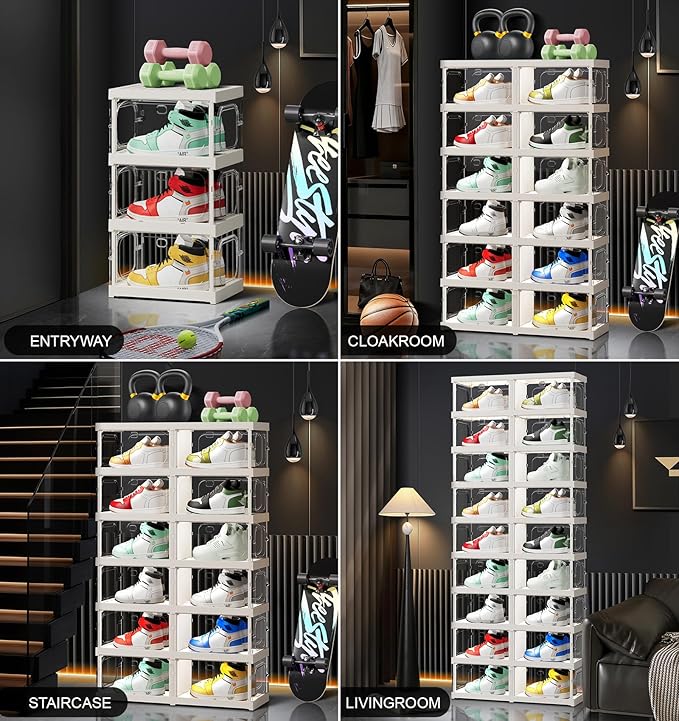 6-Tier 12-Pairs Foldable Shoe Rack with Magnetic Doors,4-Sided Clear Design,Taller Storage for High Shoes & Sneakers,Stackable Shoe Storage Cabinet Space-Saving Organizer for Closet,Cloakroom